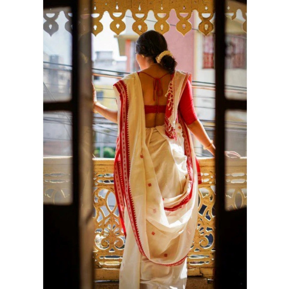 Snuggle Spot Women's Cotton  Printed Saree With Unstitched Blouse 5.5Mtr (White)