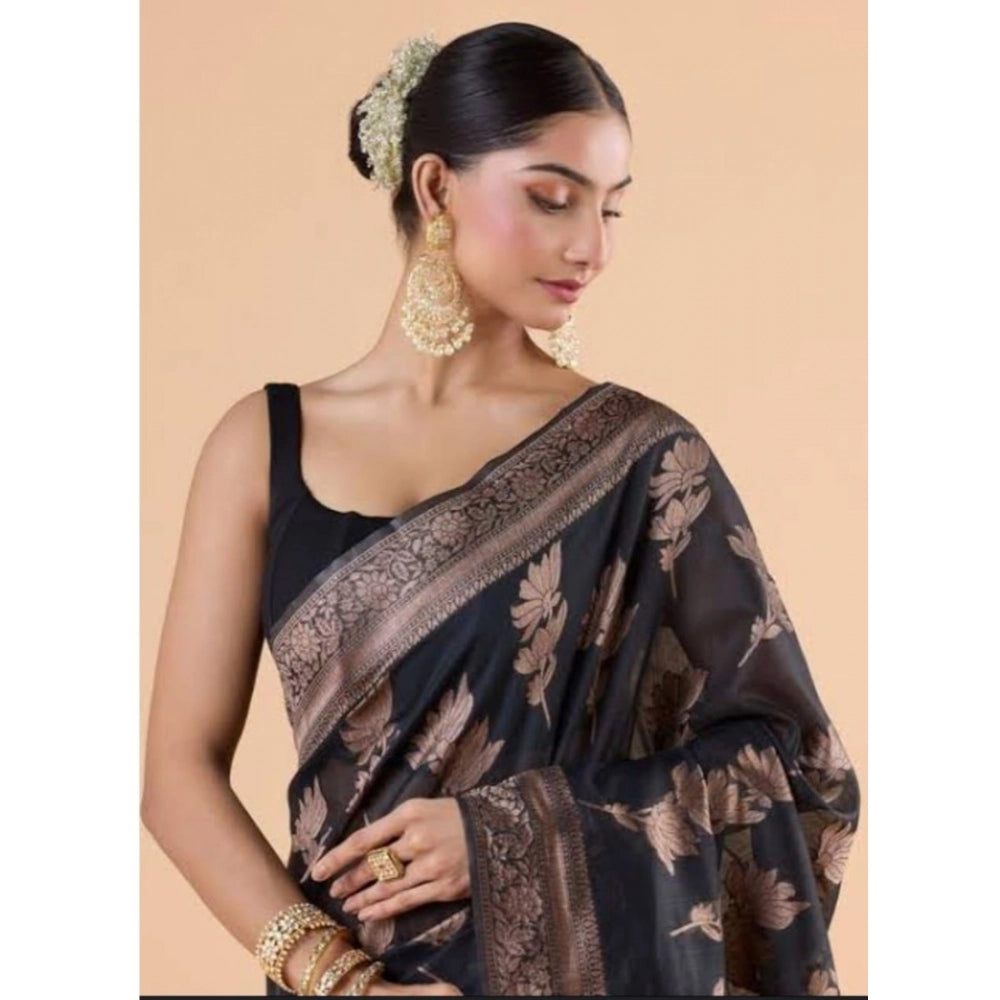 Snuggle Spot Women's Silk Printed Saree With Unstitched Blouse 5.5Mtr (Black)