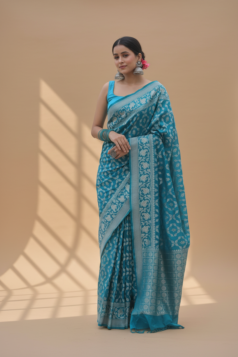 Snuggle Spot Women's Silk Printed Saree With Unstitched Blouse 5.5Mtr (Sky Blue)