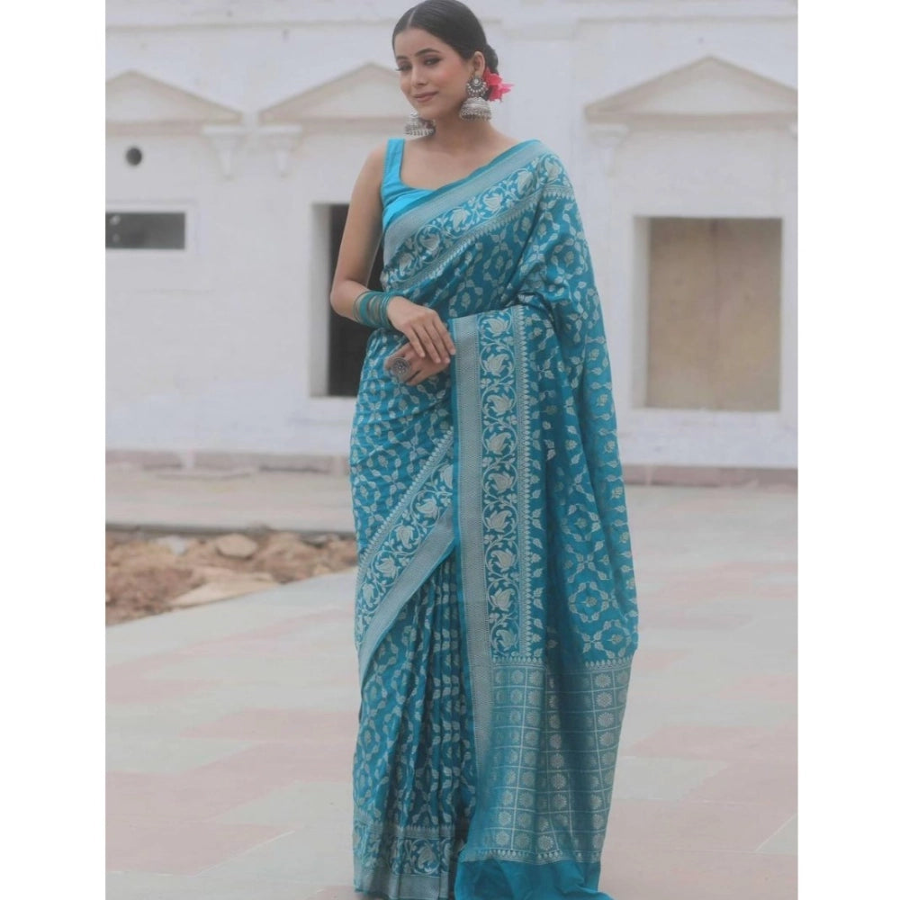 Snuggle Spot Women's Silk Printed Saree With Unstitched Blouse 5.5Mtr (Sky Blue)