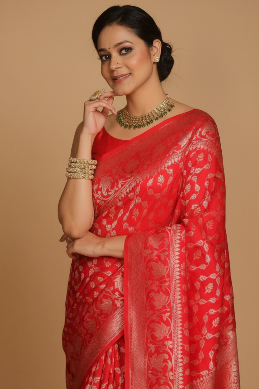 Snuggle Spot Women's Silk Printed Saree With Unstitched Blouse 5.5Mtr (Orange)