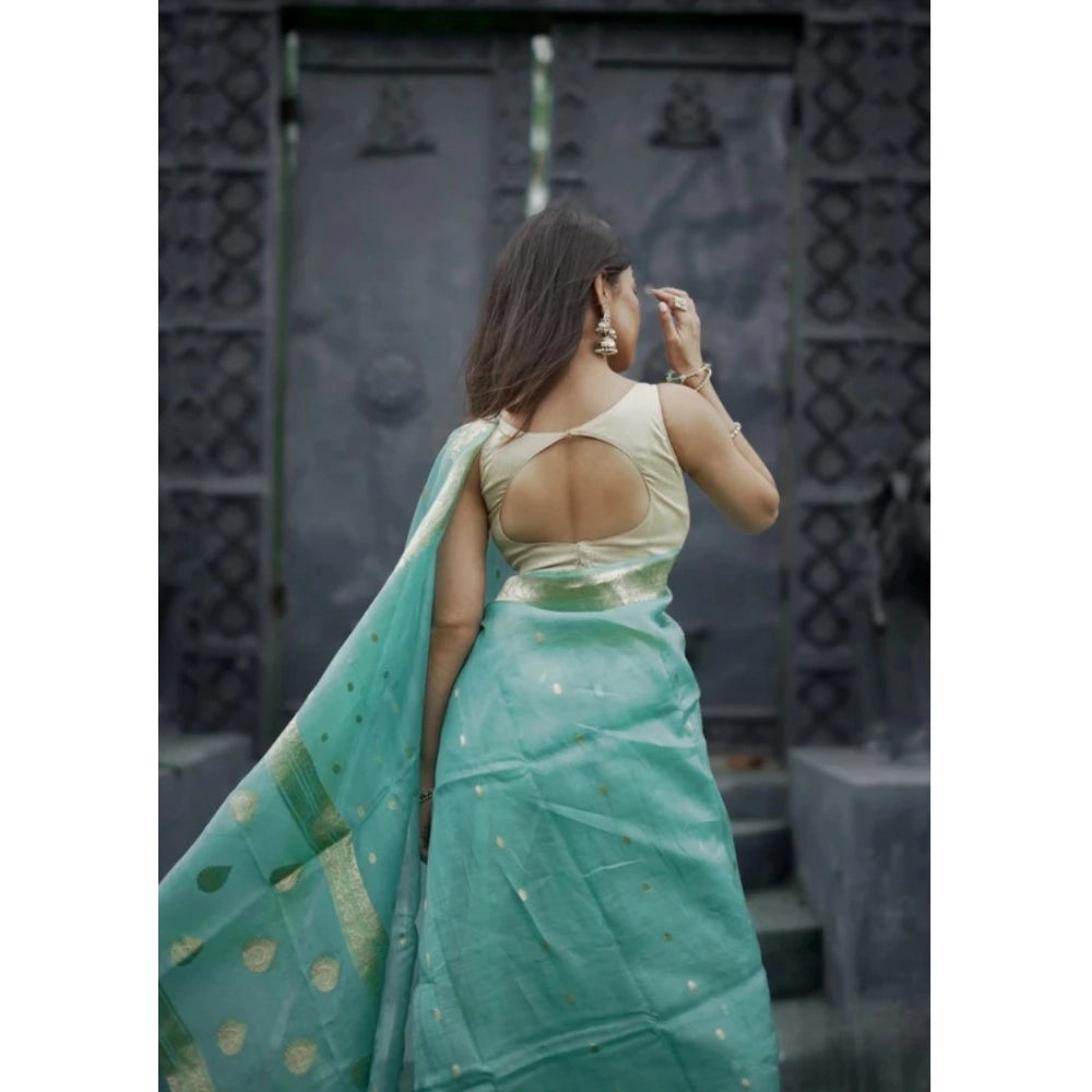 Snuggle Spot Women's Cotton  Printed Saree With Unstitched Blouse 5.5Mtr (Sky)