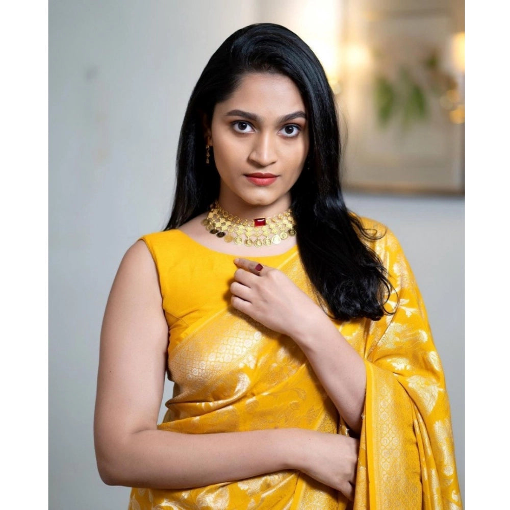 Snuggle Spot Women's Silk Printed Saree With Unstitched Blouse 5.5Mtr (Yellow)