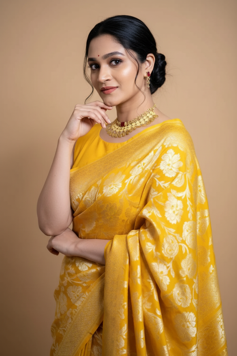 Snuggle Spot Women's Silk Printed Saree With Unstitched Blouse 5.5Mtr (Yellow)