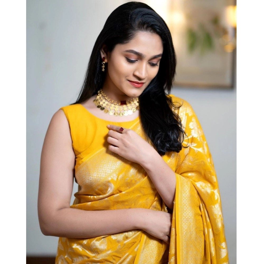 Snuggle Spot Women's Silk Printed Saree With Unstitched Blouse 5.5Mtr (Yellow)