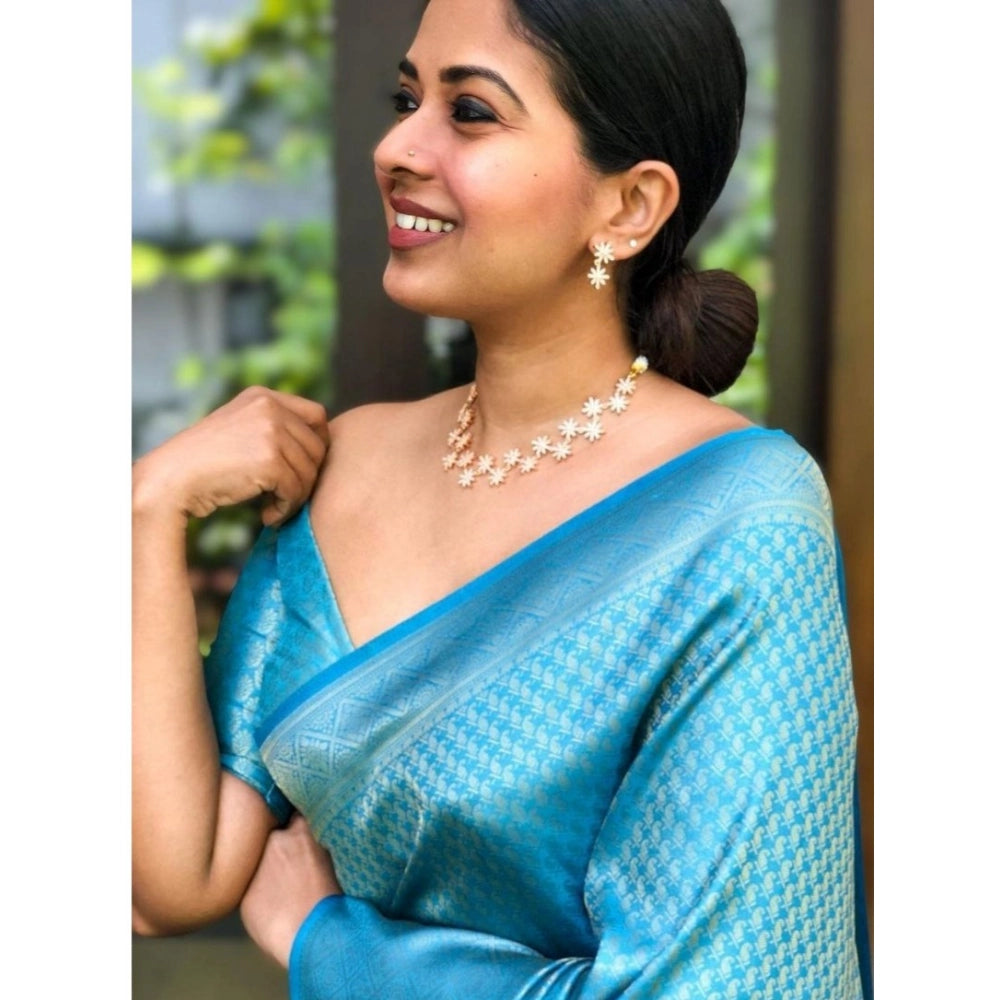 Snuggle Spot Women's Silk Printed Saree With Unstitched Blouse 5.5Mtr (Sky Blue)