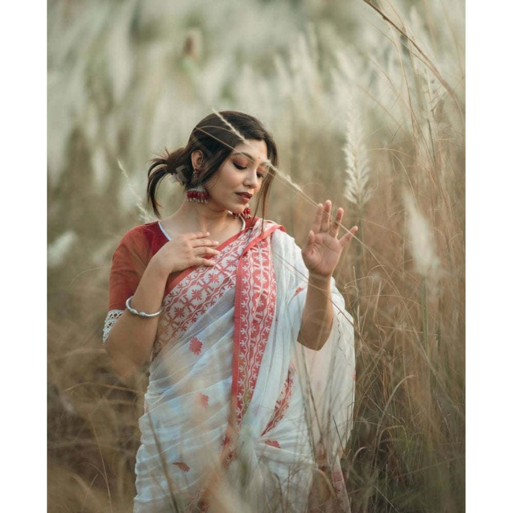 Snuggle Spot Women's Cotton  Printed Saree With Unstitched Blouse 5.5Mtr (White-Red)