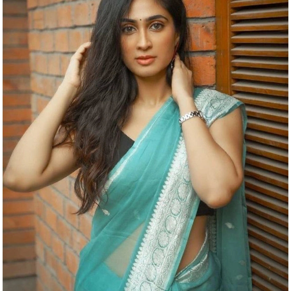 Snuggle Spot Women's Cotton  Printed Saree With Unstitched Blouse 5.5Mtr (Sky Blue)