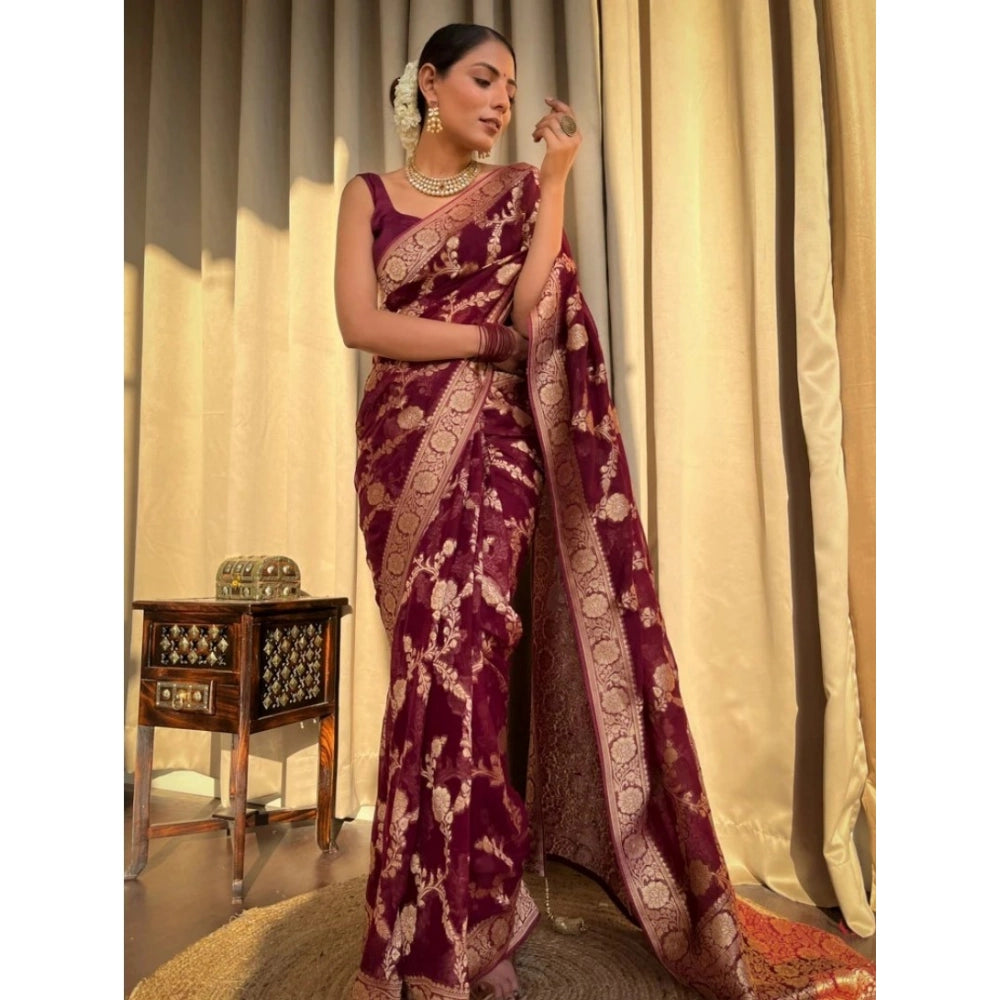 Snuggle Spot Women's Silk Printed Saree With Unstitched Blouse 5.5Mtr (Maroon)