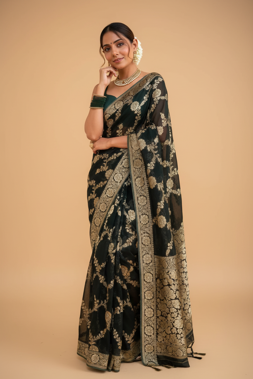 Snuggle Spot Women's Silk Printed Saree With Unstitched Blouse 5.5Mtr (Dark Green)