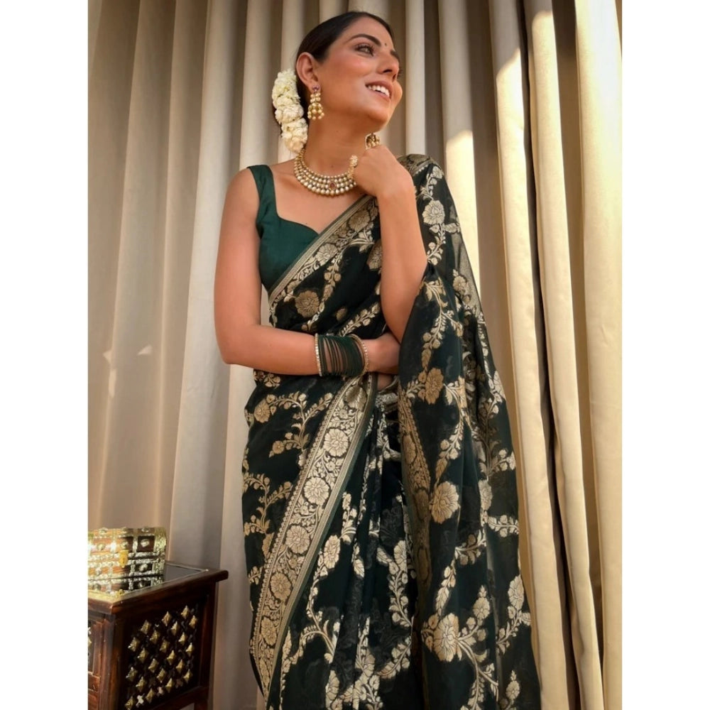 Snuggle Spot Women's Silk Printed Saree With Unstitched Blouse 5.5Mtr (Dark Green)