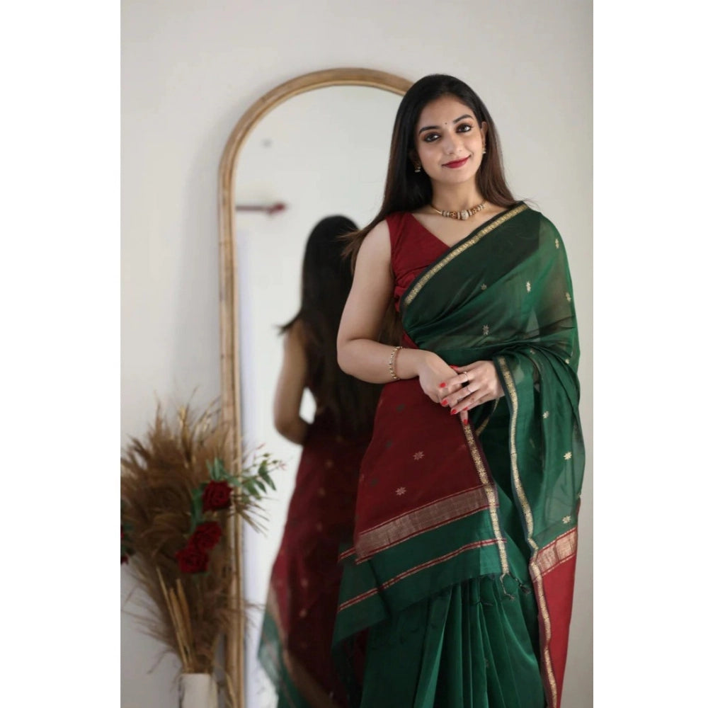 Snuggle Spot Women's Cotton  Printed Saree With Unstitched Blouse 5.5Mtr (Dark Green)