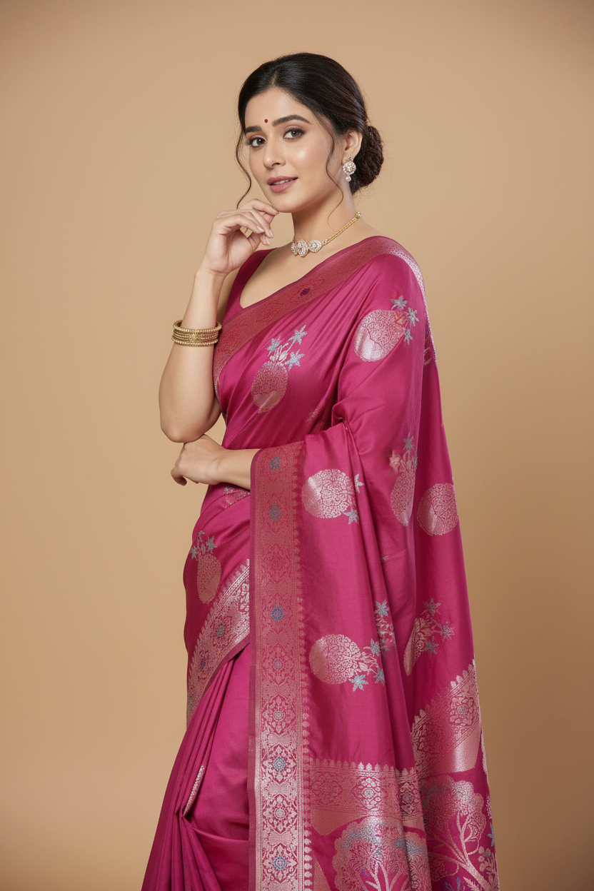 Snuggle Spot Women's Silk Printed Saree With Unstitched Blouse 5.5Mtr (Rani Pink)