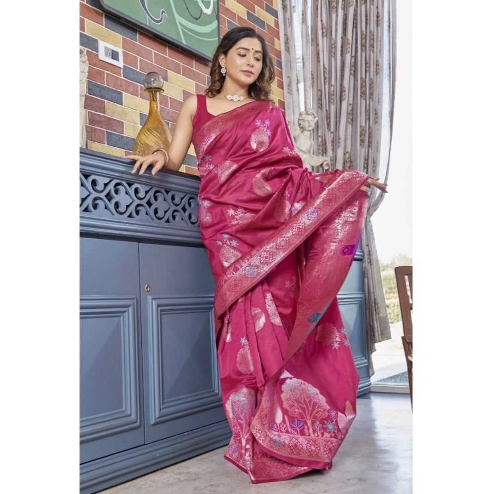 Snuggle Spot Women's Silk Printed Saree With Unstitched Blouse 5.5Mtr (Rani Pink)