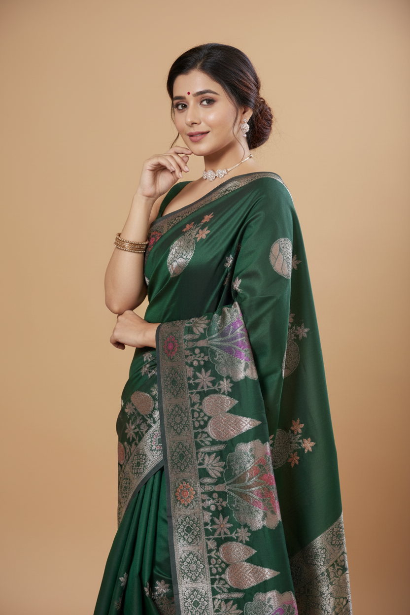 Snuggle Spot Women's Silk Printed Saree With Unstitched Blouse 5.5Mtr (Green)