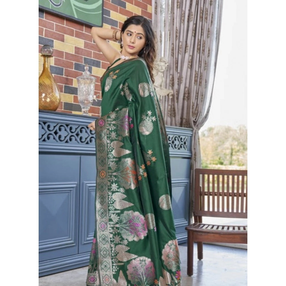 Snuggle Spot Women's Silk Printed Saree With Unstitched Blouse 5.5Mtr (Green)