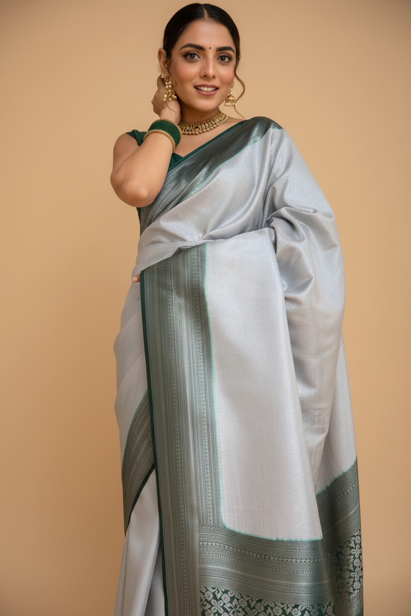 Snuggle Spot Women's Silk Printed Saree With Unstitched Blouse 5.5Mtr (Grey)