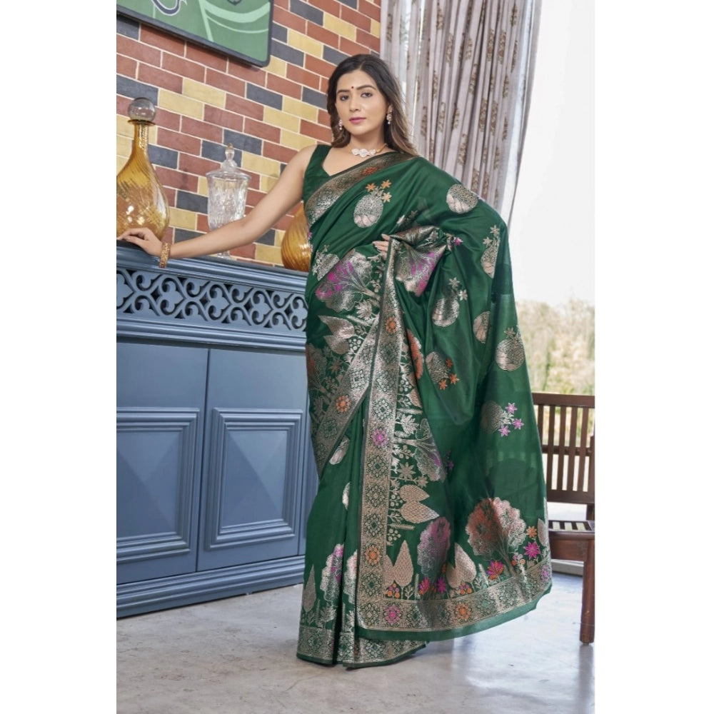 Snuggle Spot Women's Silk Printed Saree With Unstitched Blouse 5.5Mtr (Green)