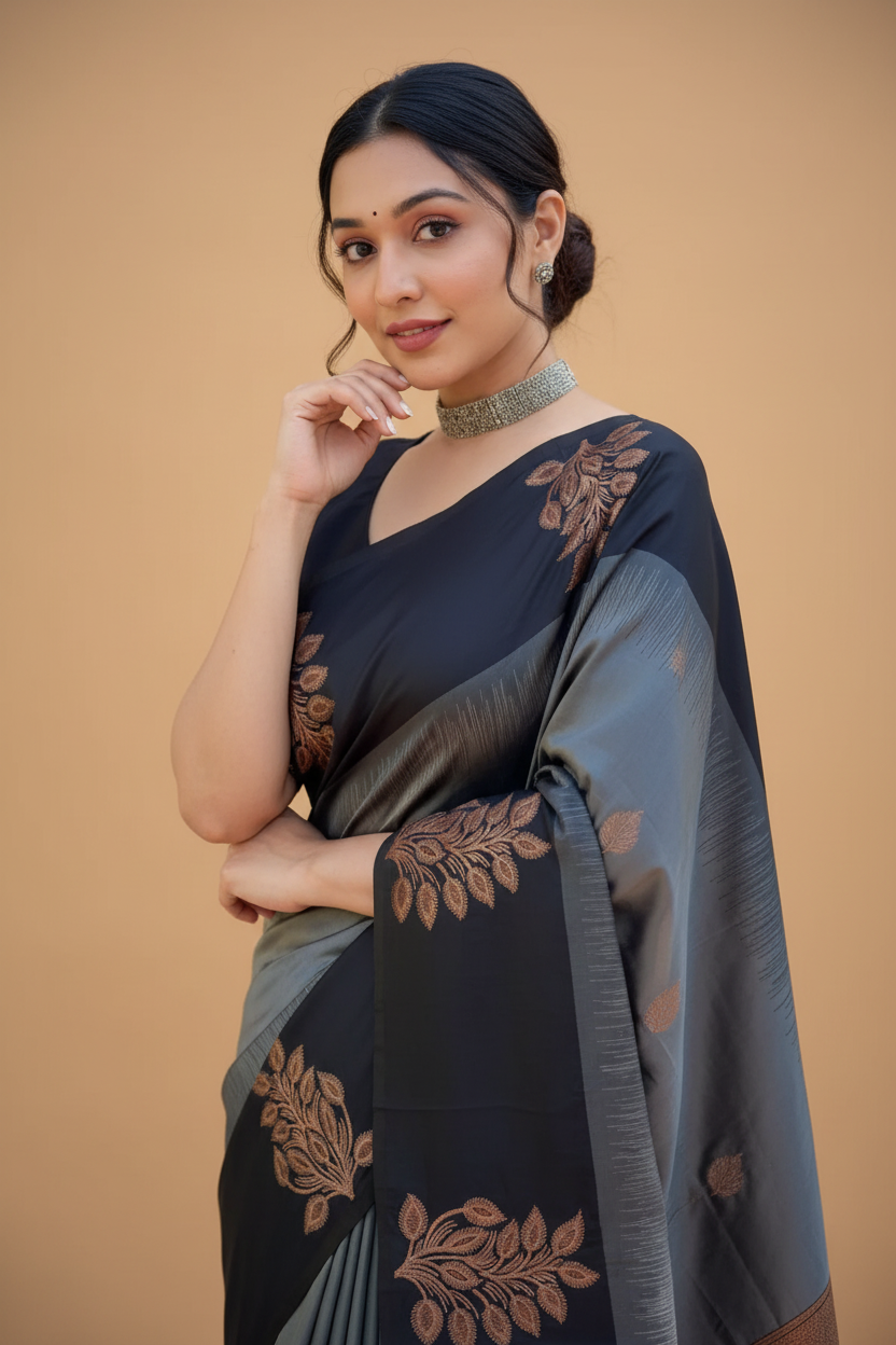 Snuggle Spot Women's Silk Printed Saree With Unstitched Blouse 5.5Mtr (Grey)