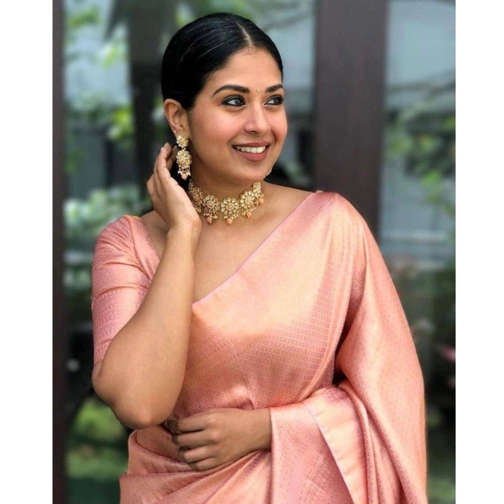 Snuggle Spot Women's Silk Printed Saree With Unstitched Blouse 5.5Mtr (Peach)