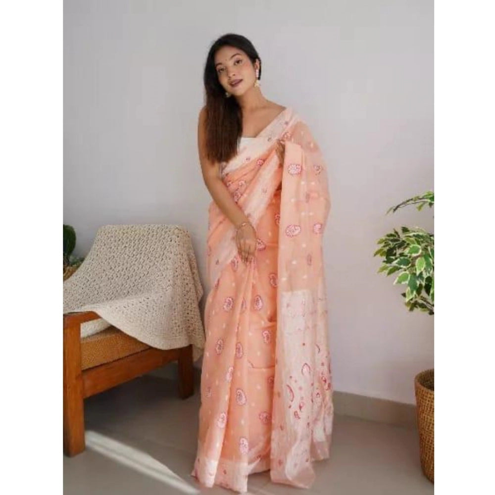 Snuggle Spot Women's Cotton  Printed Saree With Unstitched Blouse 5.5Mtr (Peach)