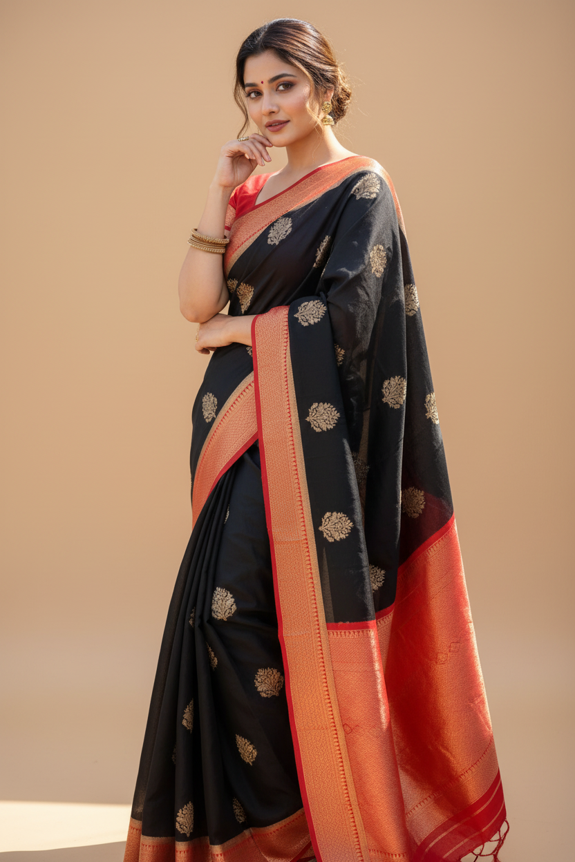 Snuggle Spot Women's Silk Printed Saree With Unstitched Blouse 5.5Mtr (Black-Red)