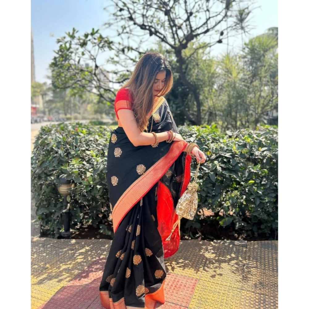 Snuggle Spot Women's Silk Printed Saree With Unstitched Blouse 5.5Mtr (Black-Red)