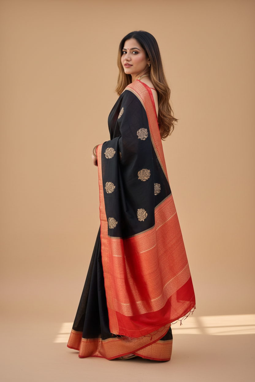 Snuggle Spot Women's Silk Printed Saree With Unstitched Blouse 5.5Mtr (Black-Red)