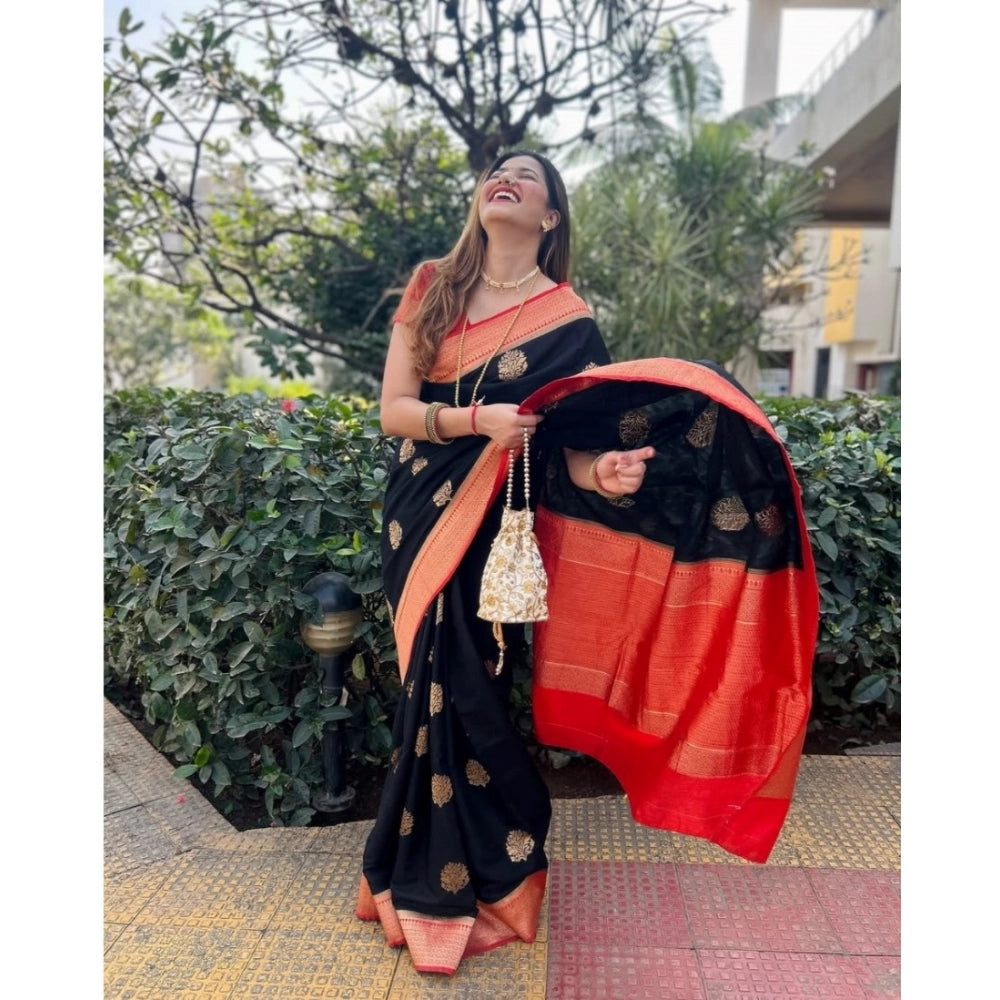 Snuggle Spot Women's Silk Printed Saree With Unstitched Blouse 5.5Mtr (Black-Red)
