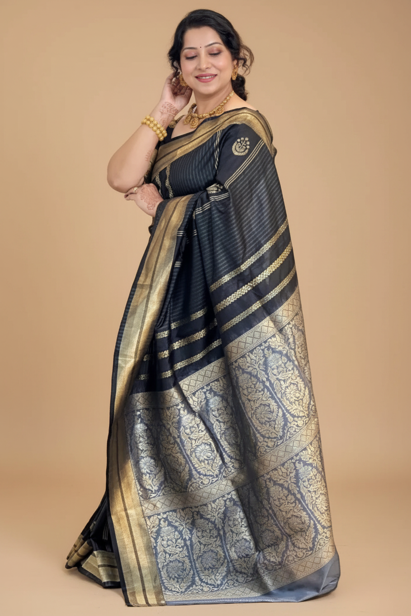 Snuggle Spot Women's Silk Printed Saree With Unstitched Blouse 5.5Mtr (Black)