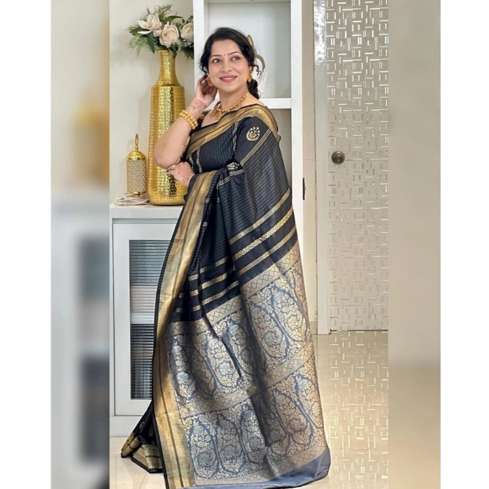 Snuggle Spot Women's Silk Printed Saree With Unstitched Blouse 5.5Mtr (Black)