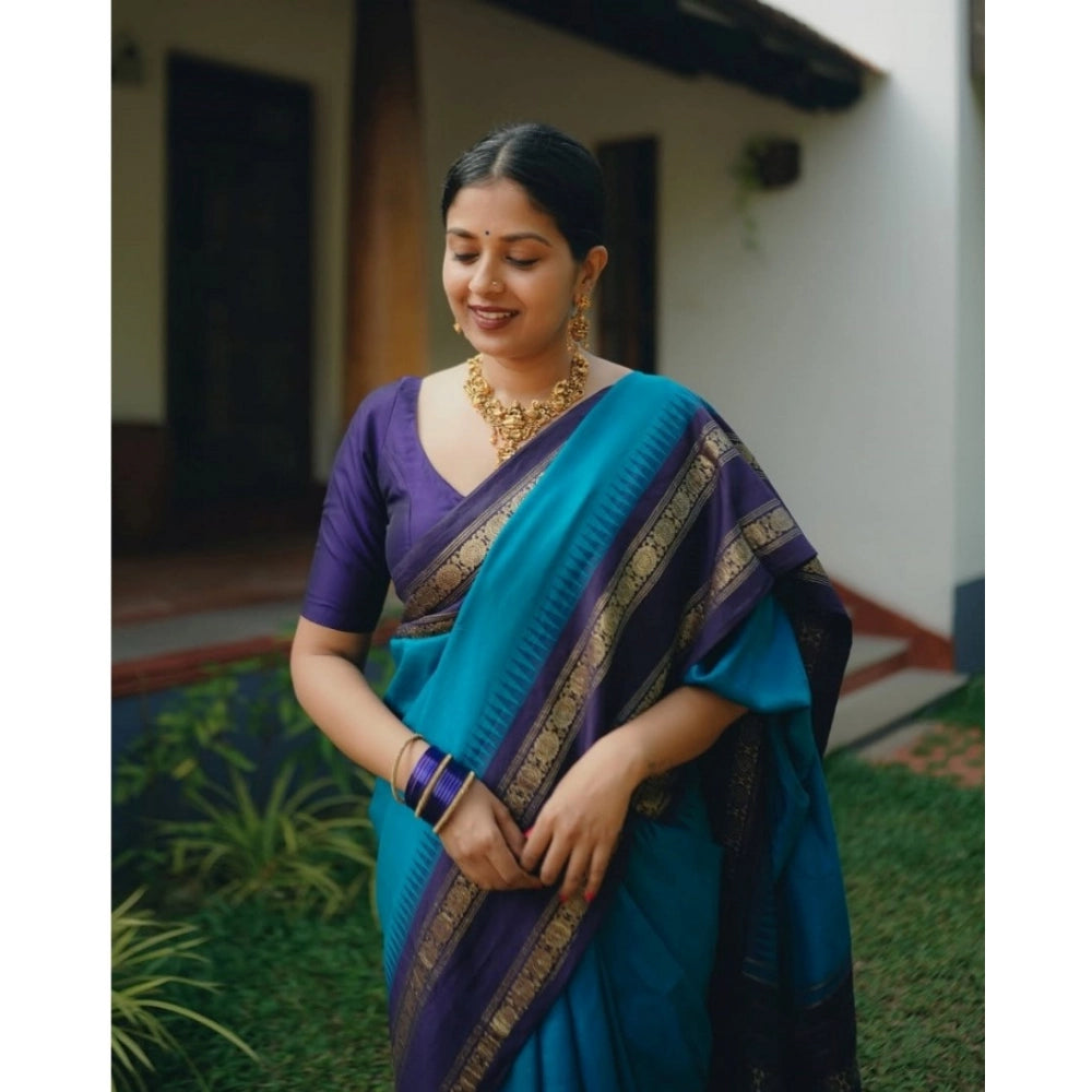 Snuggle Spot Women's Silk Printed Saree With Unstitched Blouse 5.5Mtr (Blue)