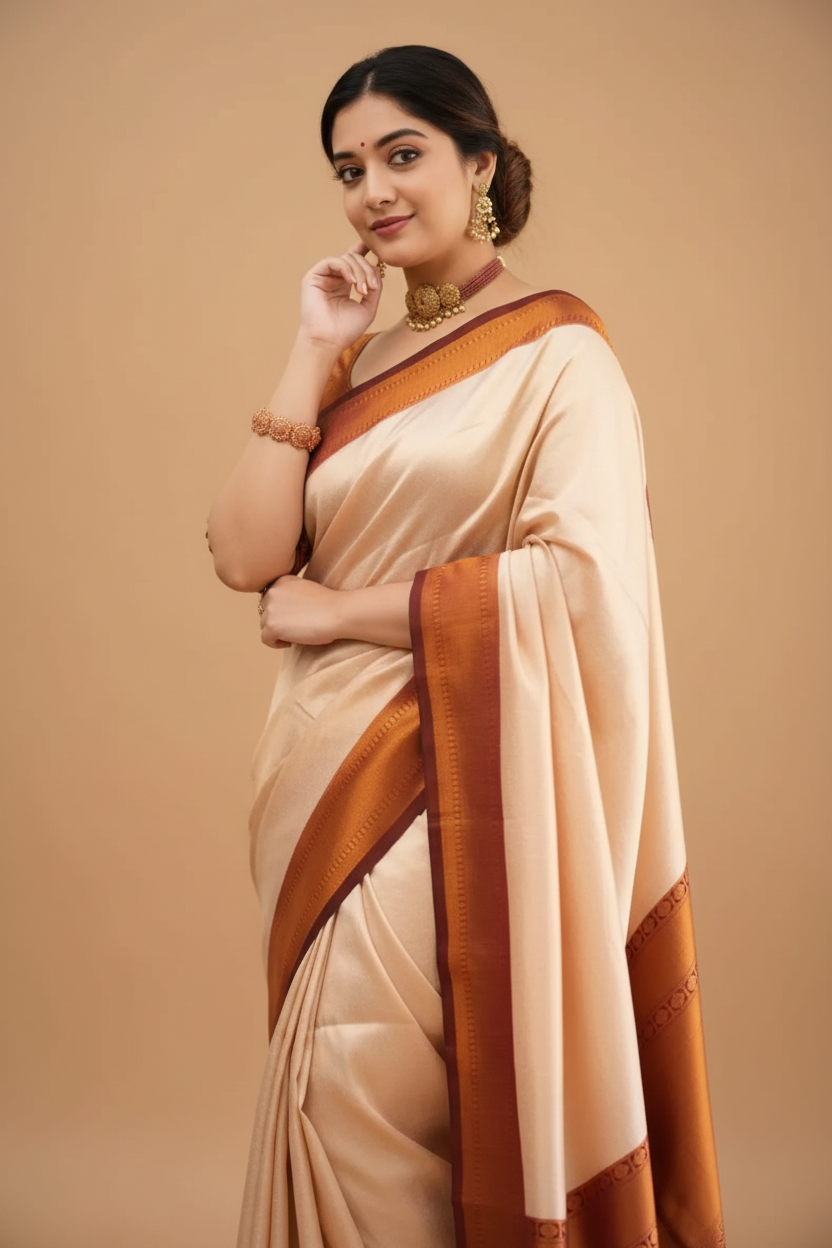 Snuggle Spot Women's Silk Printed Saree With Unstitched Blouse 5.5Mtr (Cream)