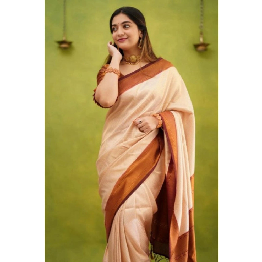 Snuggle Spot Women's Silk Printed Saree With Unstitched Blouse 5.5Mtr (Cream)