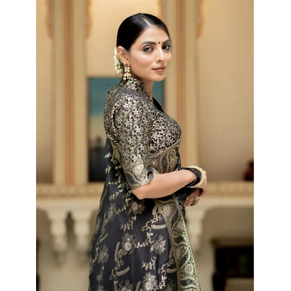 Snuggle Spot Women's Silk Printed Saree With Unstitched Blouse 5.5Mtr (Black)