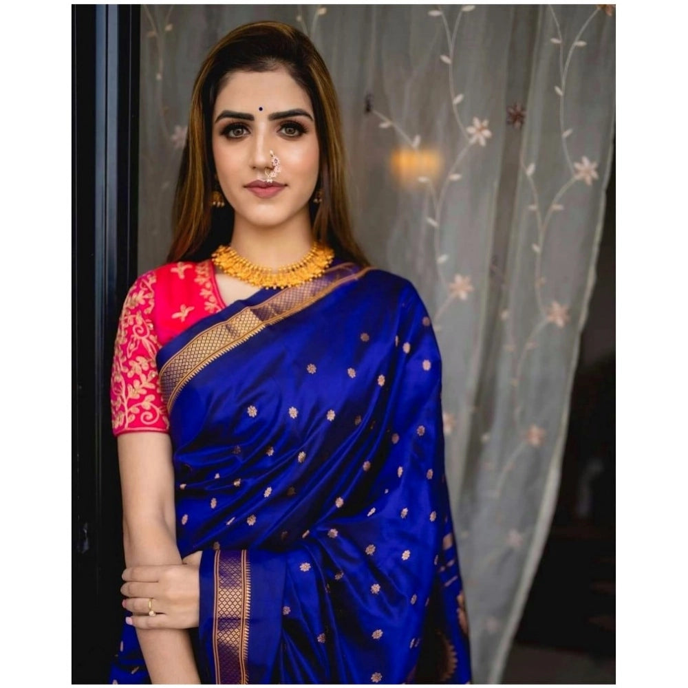 Snuggle Spot Women's Silk Printed Saree With Unstitched Blouse 5.5Mtr (Blue)