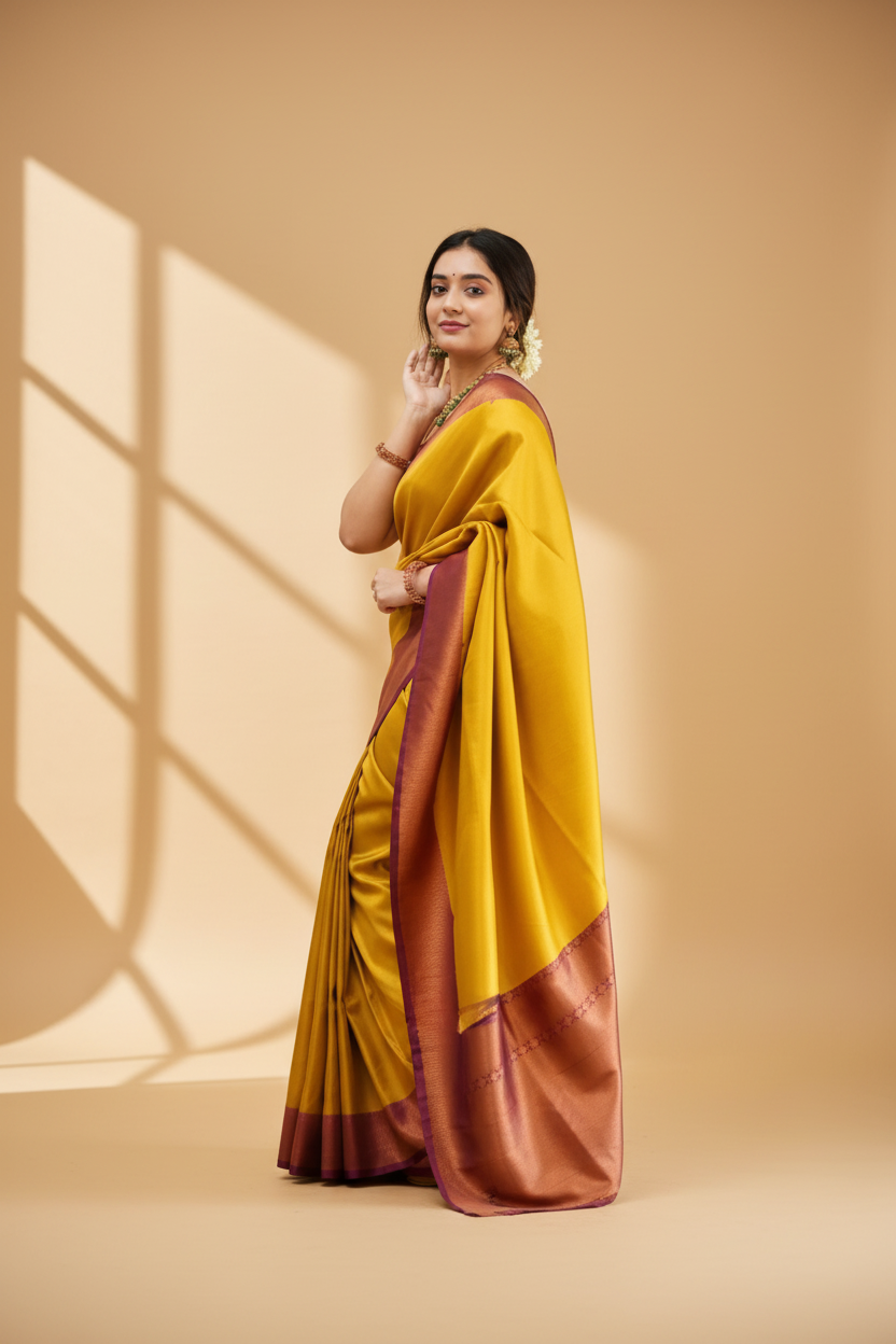 Snuggle Spot Women's Silk Printed Saree With Unstitched Blouse 5.5Mtr (Yellow)