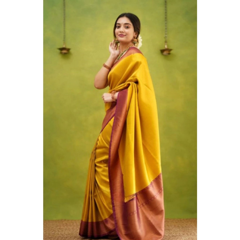 Snuggle Spot Women's Silk Printed Saree With Unstitched Blouse 5.5Mtr (Yellow)
