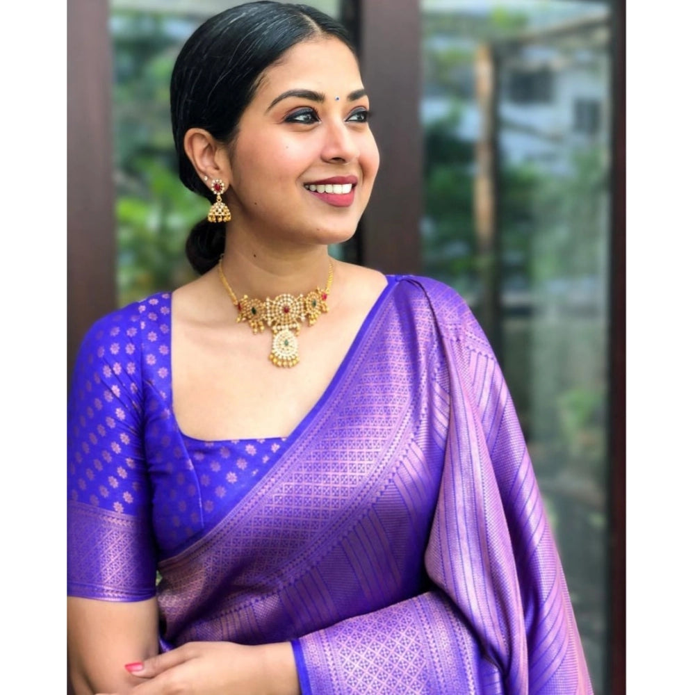 Snuggle Spot Women's Silk Printed Saree With Unstitched Blouse 5.5Mtr (Blue)
