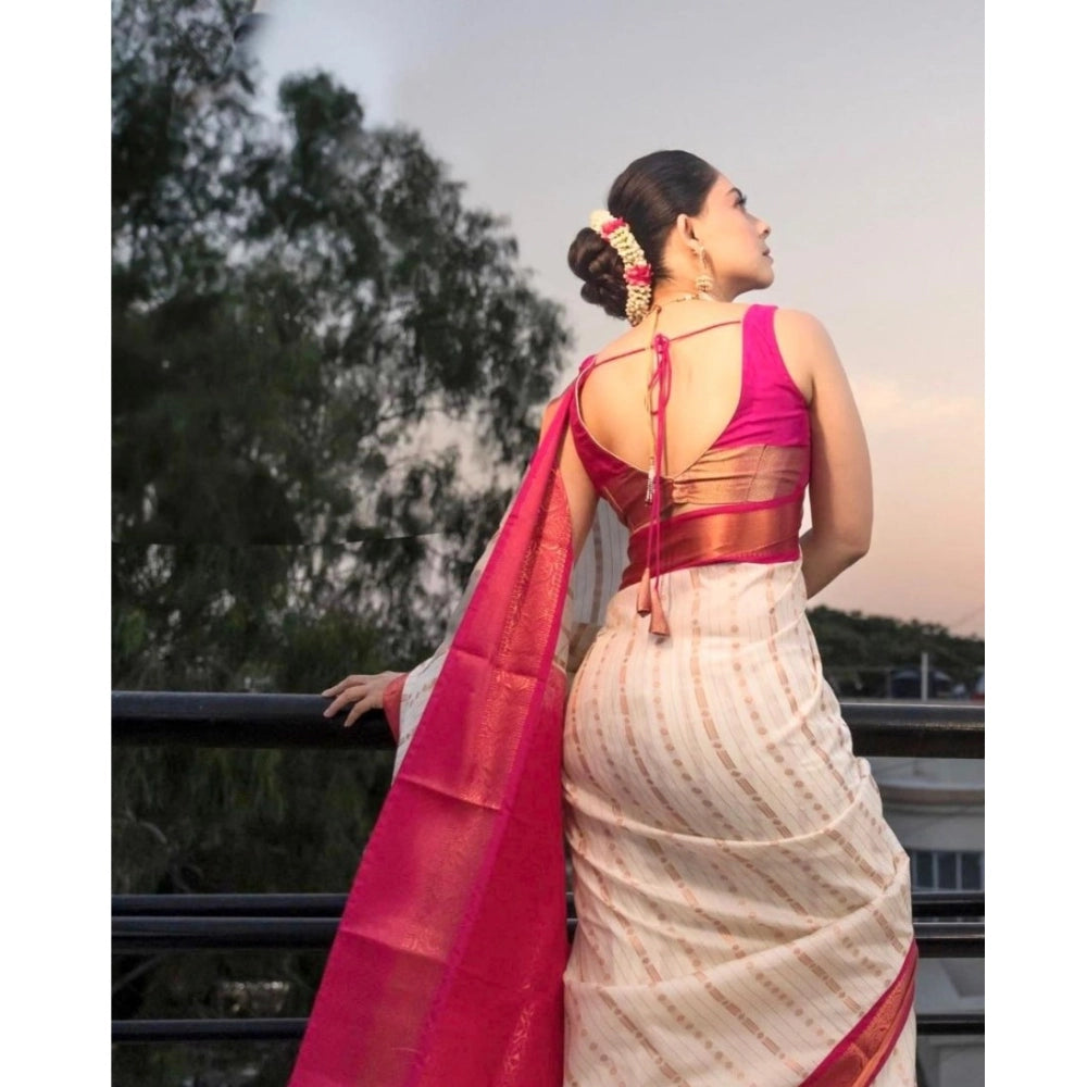 Snuggle Spot Women's Silk Printed Saree With Unstitched Blouse 5.5Mtr (White-Pink)