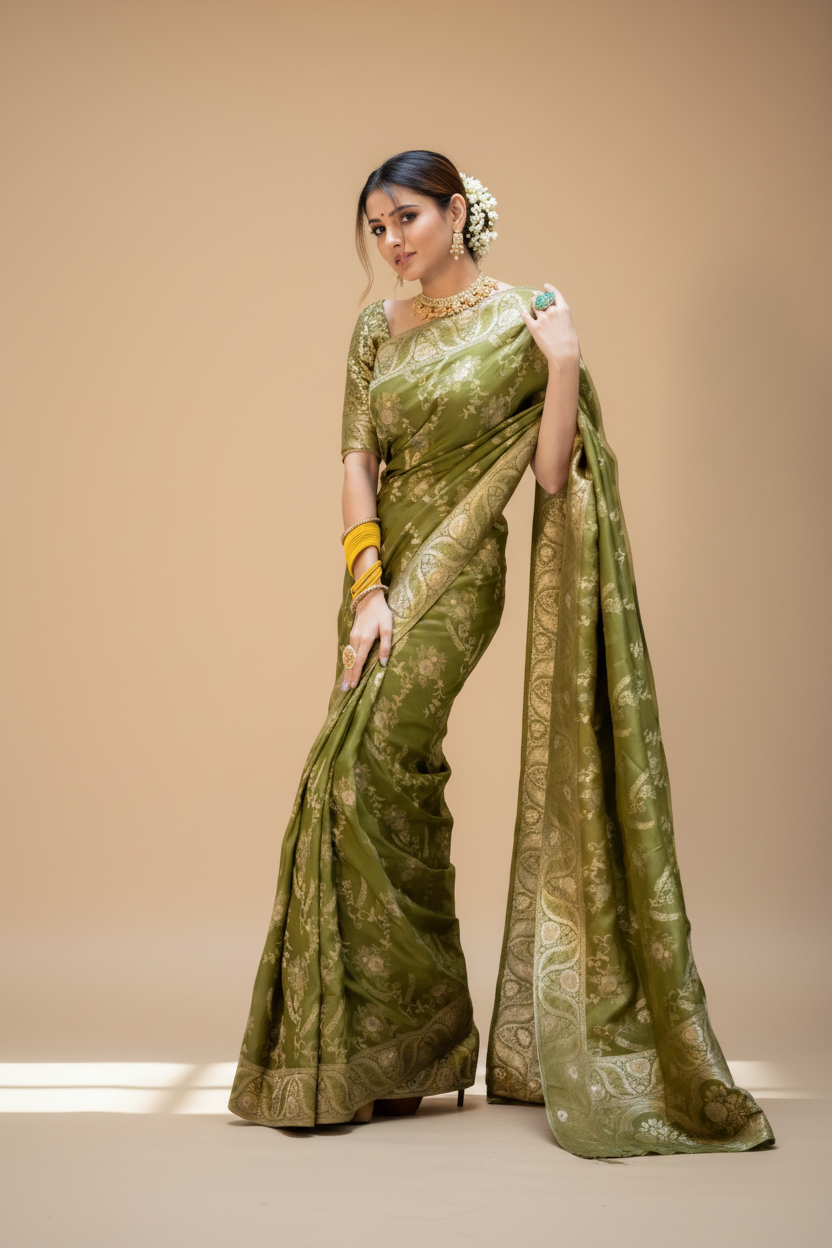 Snuggle Spot Women's Silk Printed Saree With Unstitched Blouse 5.5Mtr (Olive Green)