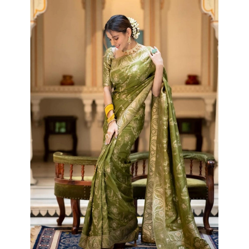 Snuggle Spot Women's Silk Printed Saree With Unstitched Blouse 5.5Mtr (Olive Green)