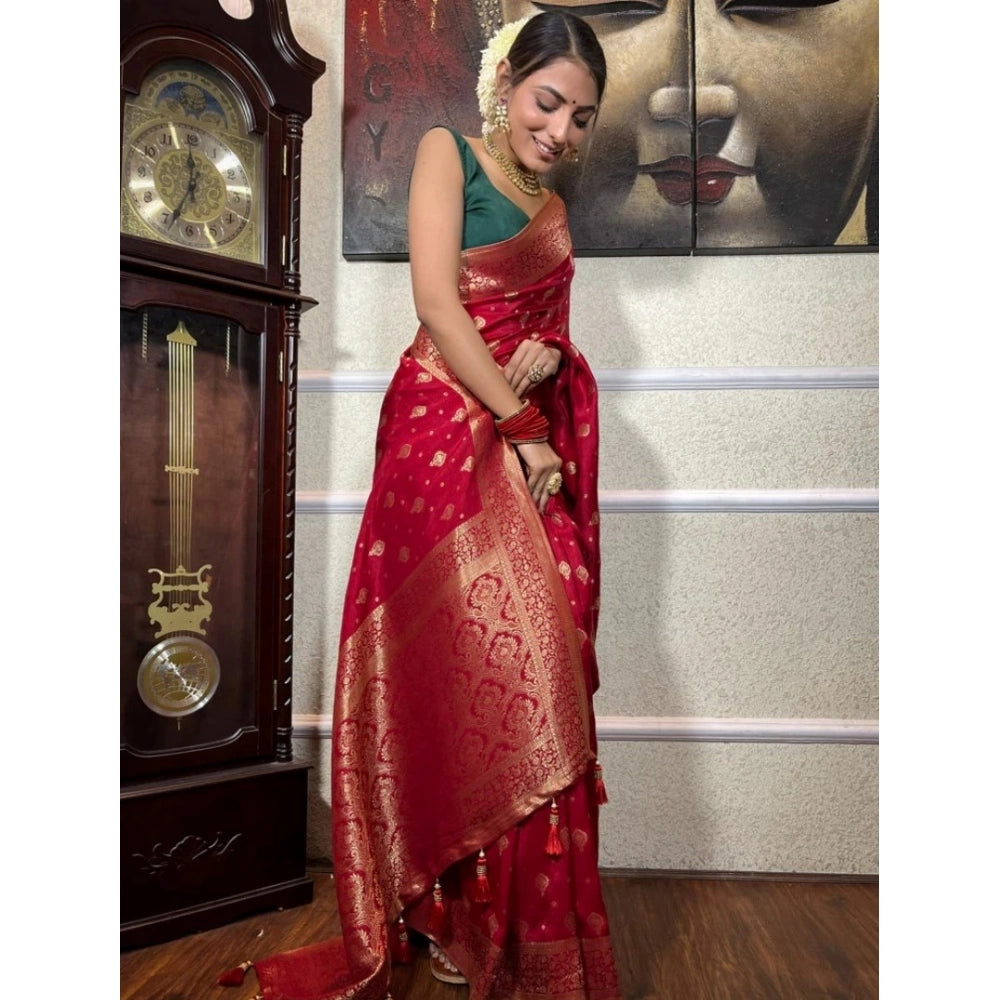 Snuggle Spot Women's Silk Printed Saree With Unstitched Blouse 5.5Mtr (Red)