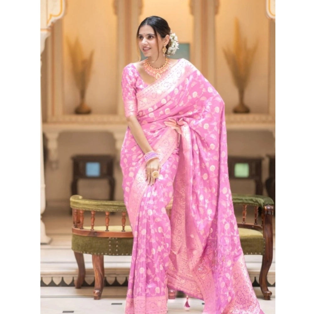 Snuggle Spot Women's Silk Printed Saree With Unstitched Blouse 5.5Mtr (Pink)