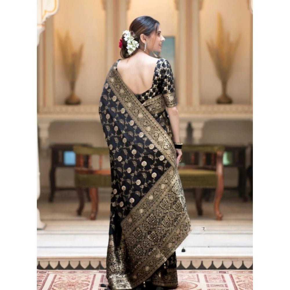 Snuggle Spot Women's Silk Printed Saree With Unstitched Blouse 5.5Mtr (Black)