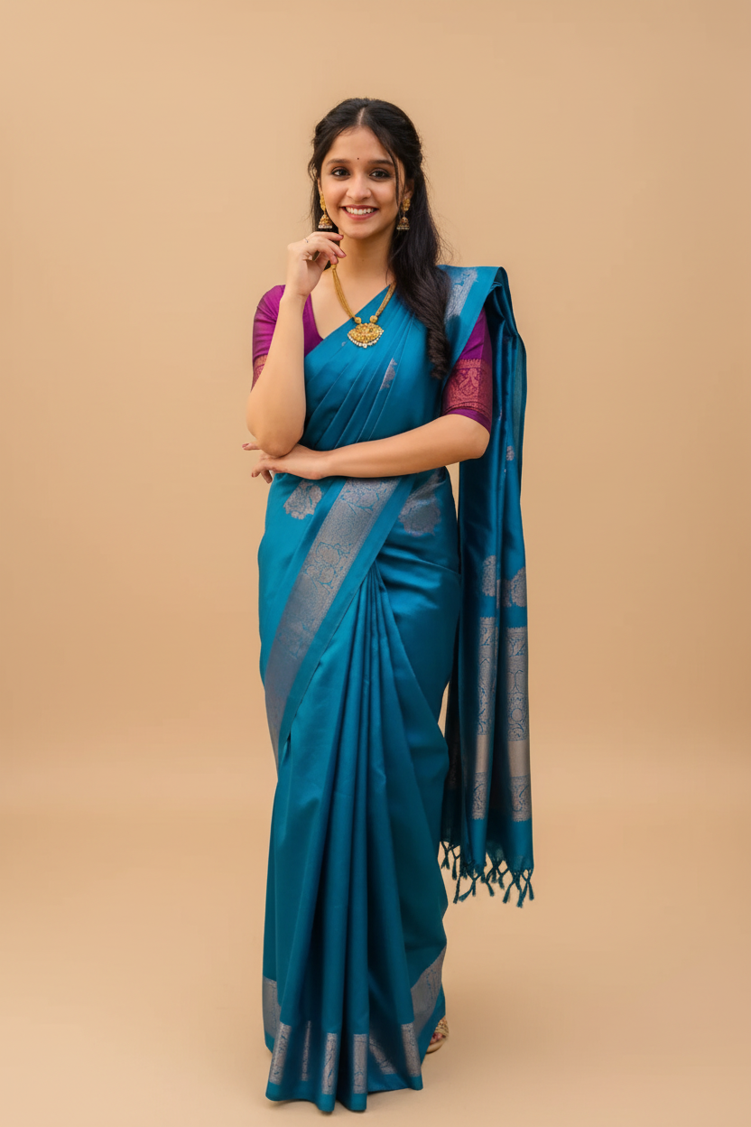 Snuggle Spot Women's Silk Printed Saree With Unstitched Blouse 5.5Mtr (Rama)