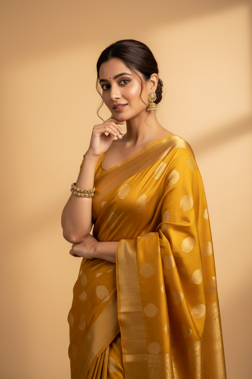 Snuggle Spot Women's Silk Printed Saree With Unstitched Blouse 5.5Mtr (Yellow)