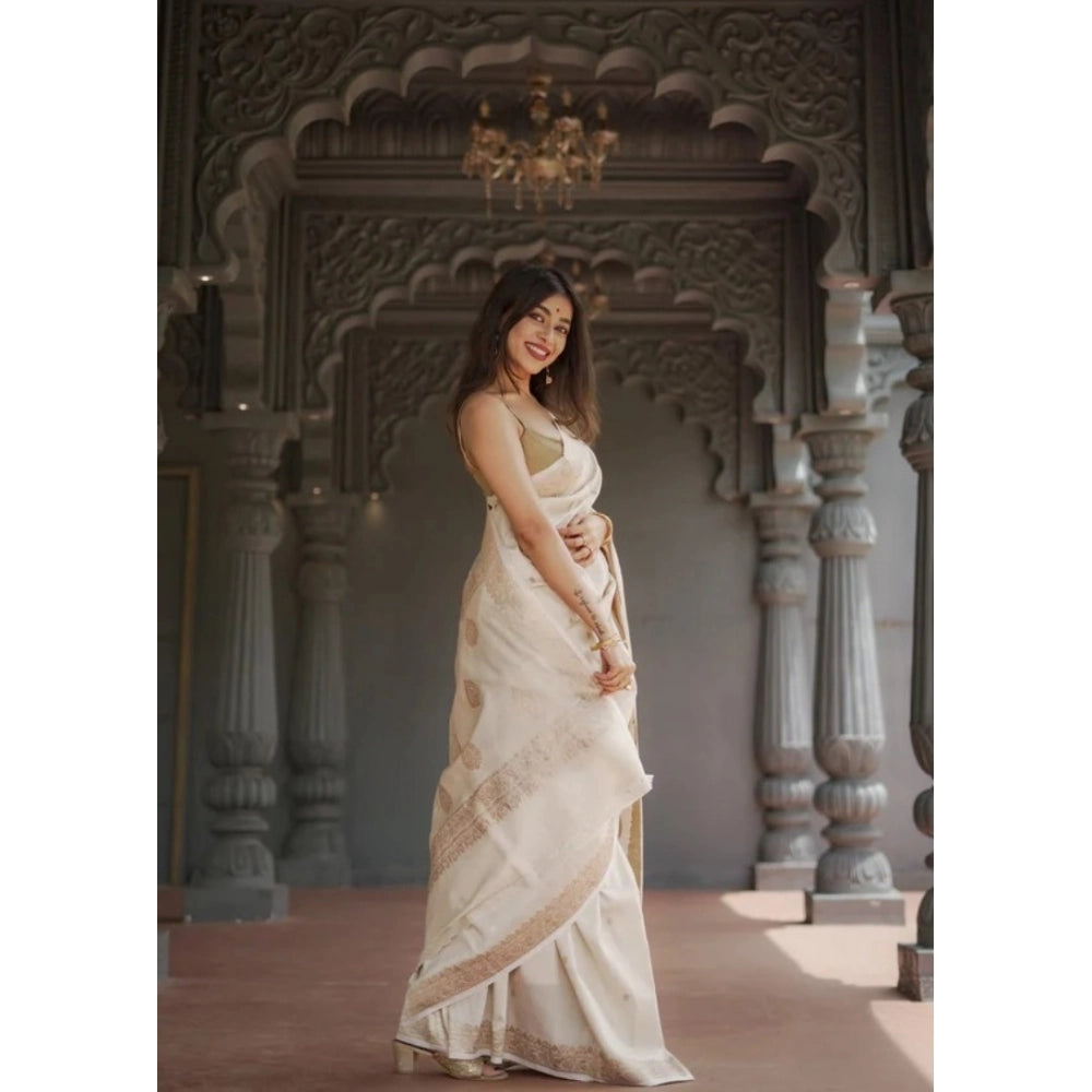 Snuggle Spot Women's Cotton  Printed Saree With Unstitched Blouse 5.5Mtr (Cream)