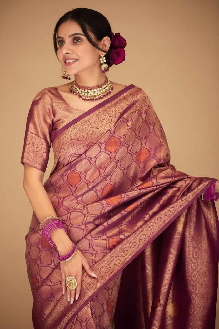 Snuggle Spot Women's Silk Printed Saree With Unstitched Blouse 5.5Mtr (Wine)