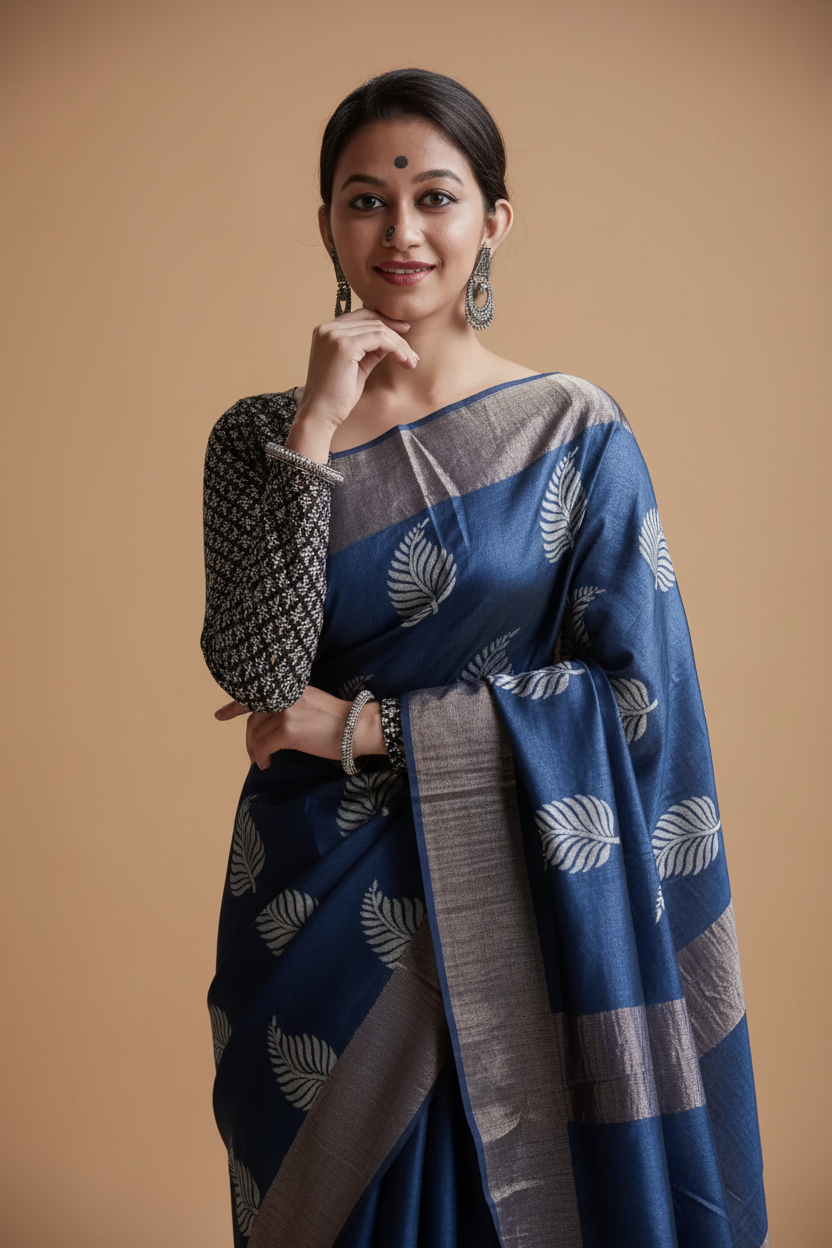 Snuggle Spot Women's Silk Printed Saree With Unstitched Blouse 5.5Mtr (Navy Blue)